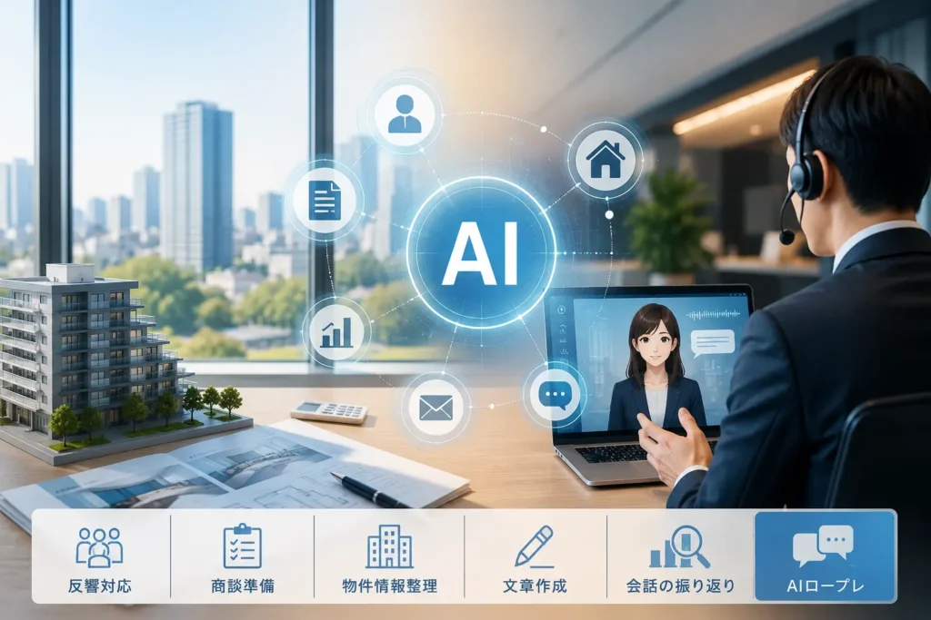 不動産営業のAI活用を営業支援・情報整理・AIロープレに分けて示すイメージ