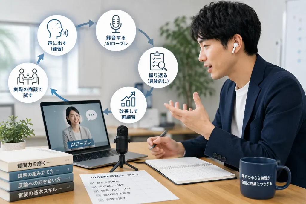一人で行う営業練習を質問・録音・振り返り・AIロープレに分けて示すイメージ