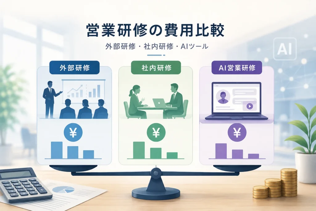 営業研修の費用を外部研修・社内研修・AIツールで比較するイメージ